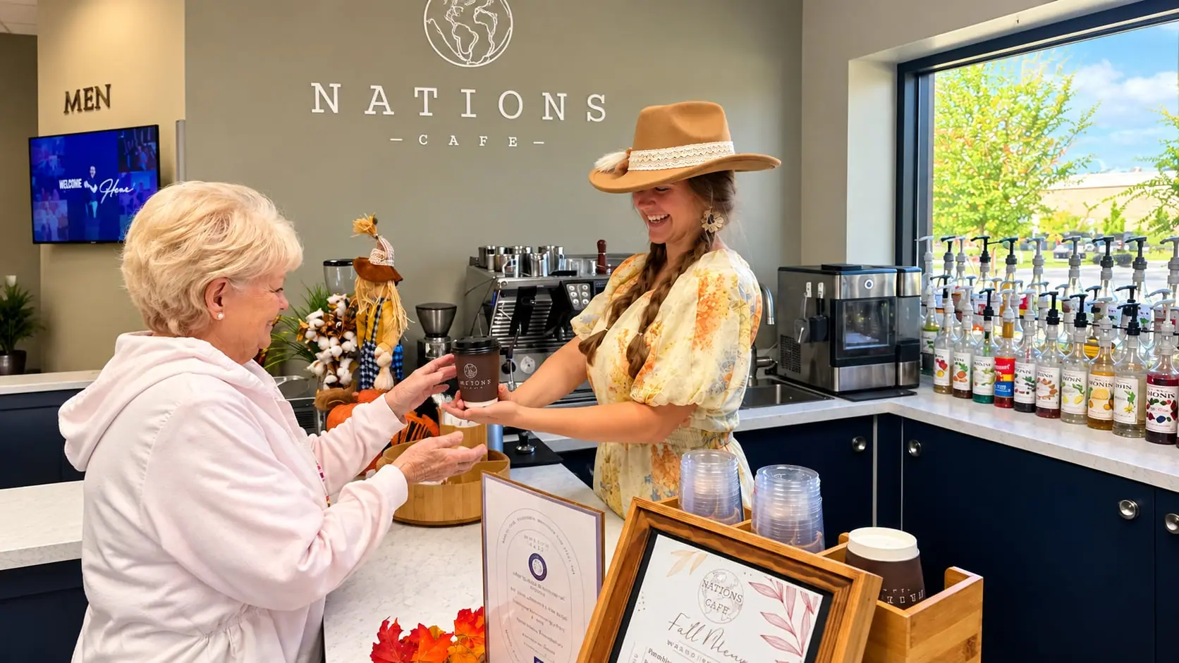 A barista handing a guest a coffee at the Nations Cafe